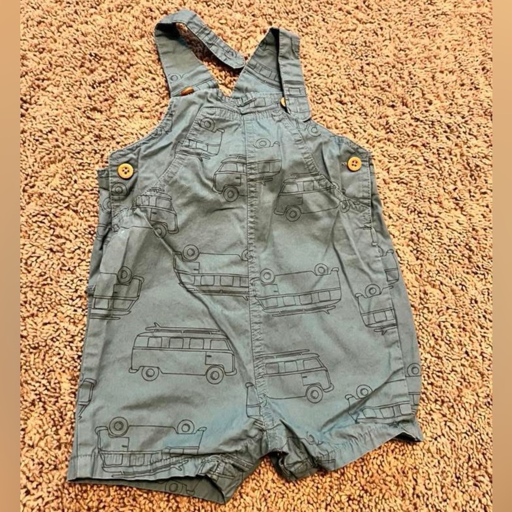 Kids Blue Overall Shorts with Bus Print